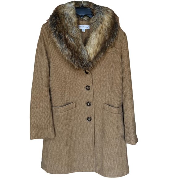 Liz‎ Claiborne Womens Coat Wool Blend Faux Fur Detach Collar Cable Pattern Sz M - Picture 1 of 14